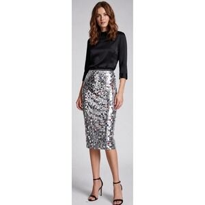 Beulah Style Silver Sequin Midi Pencil Skirt Sparkly Holiday Party Medium NEW
